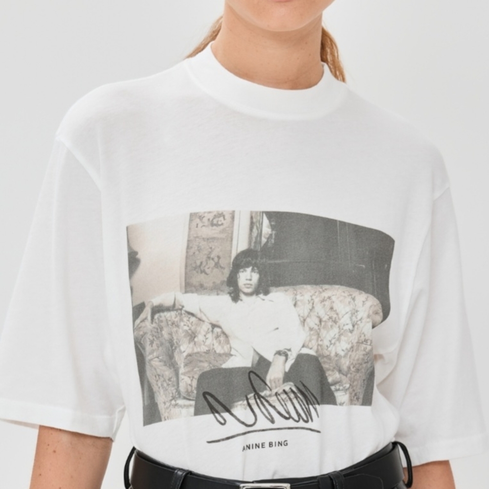 Anine Bing Mick Jagger White Graphic Tee with Black Print